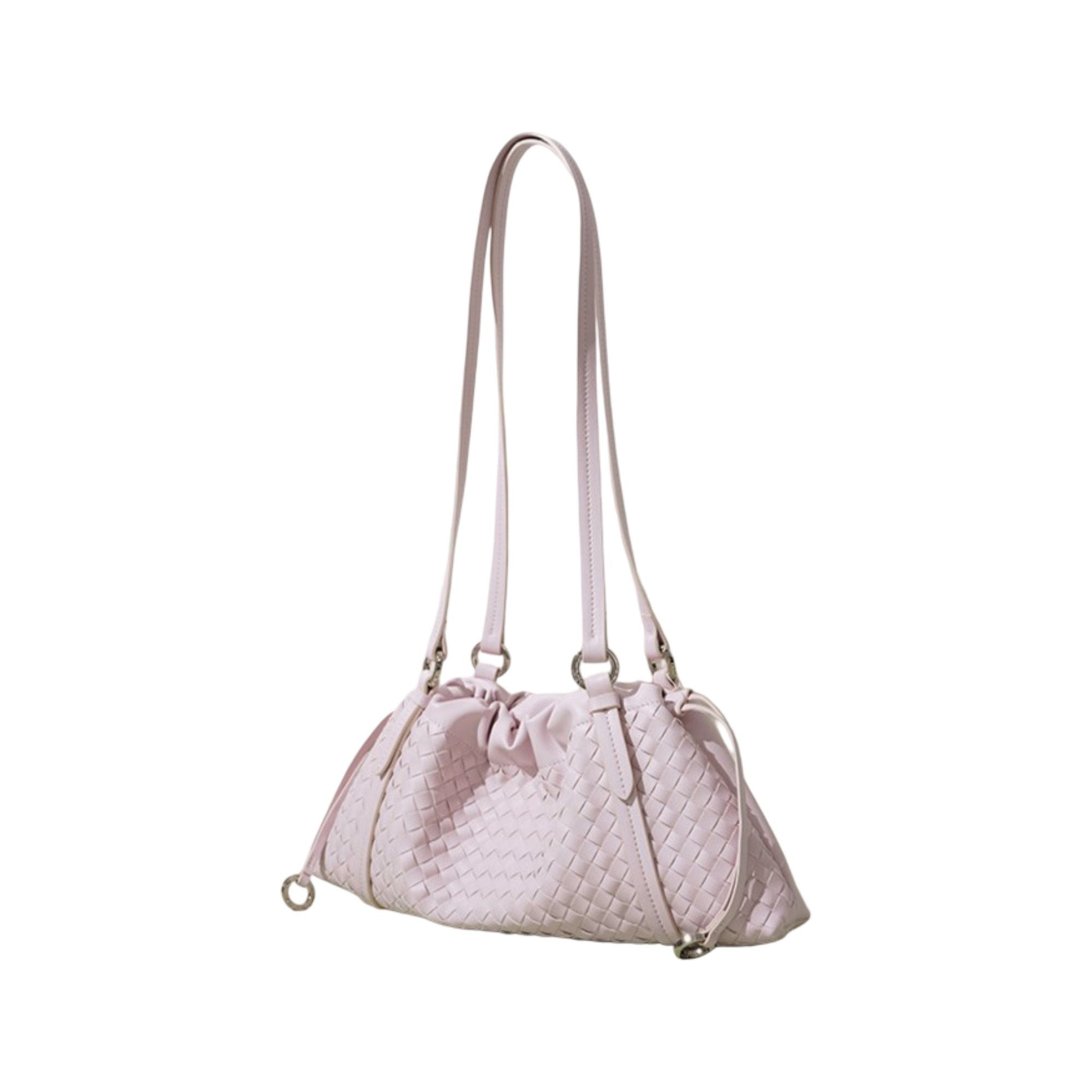Woven Leather Shoulder Satchel with Ruched Top Detail Long Straps and Slouchy Shape