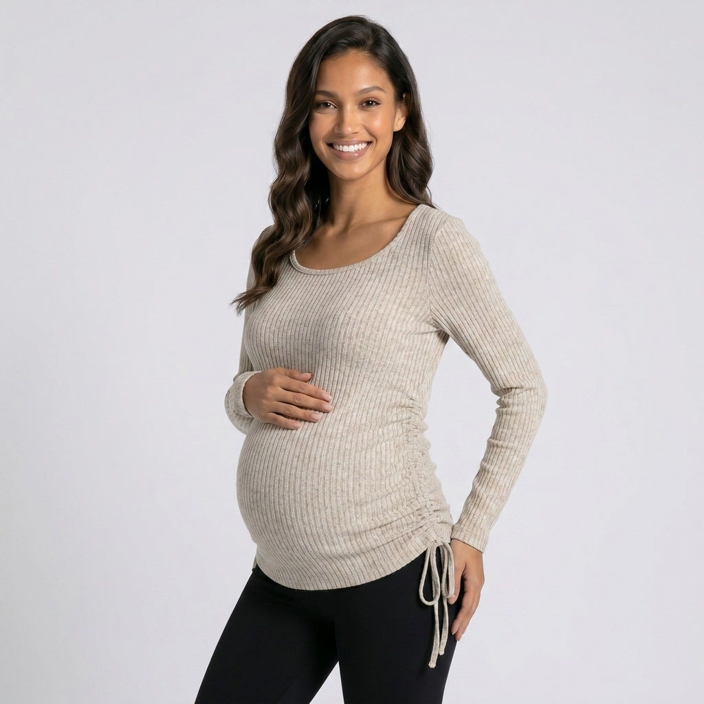 Anna-Kaci Women's Maternity Ribbed Long Sleeve Top with Scoop Neck and Side Ruched Tie Detail