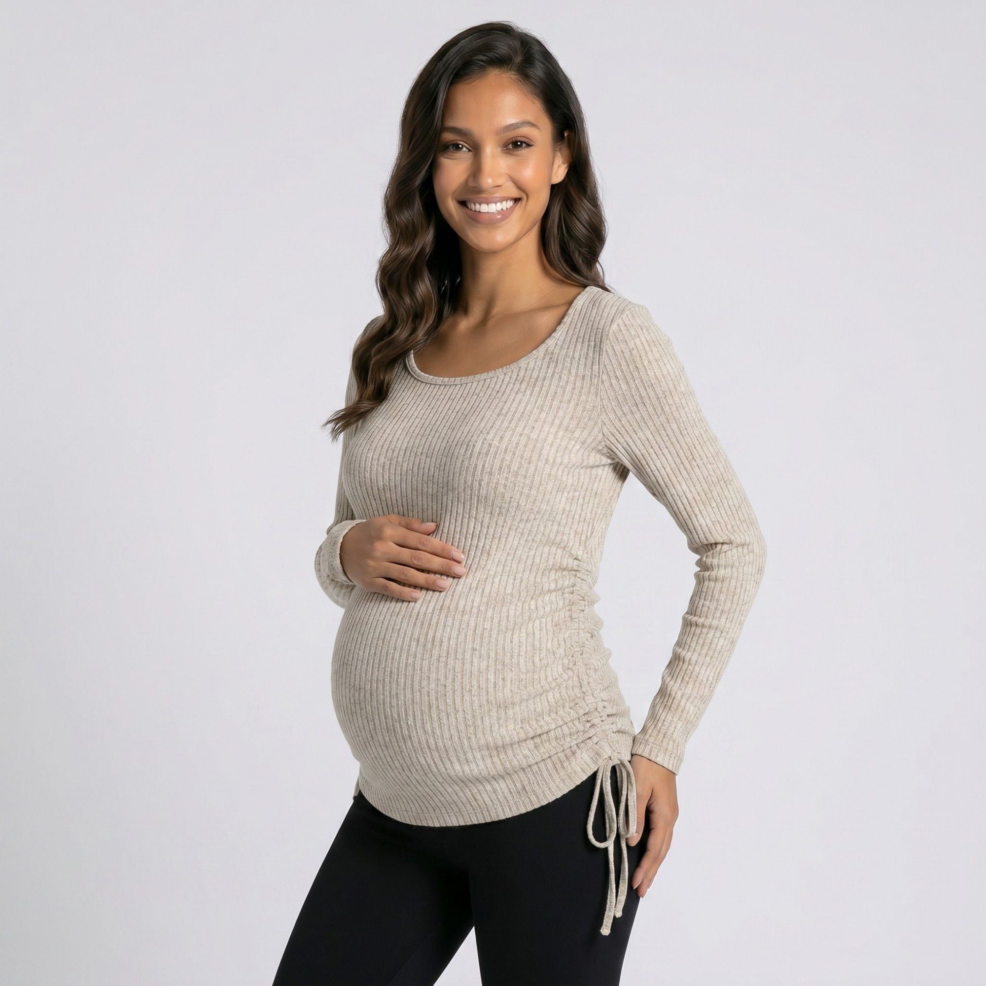 Anna-Kaci Women's Maternity Ribbed Long Sleeve Top with Scoop Neck and Side Ruched Tie Detail