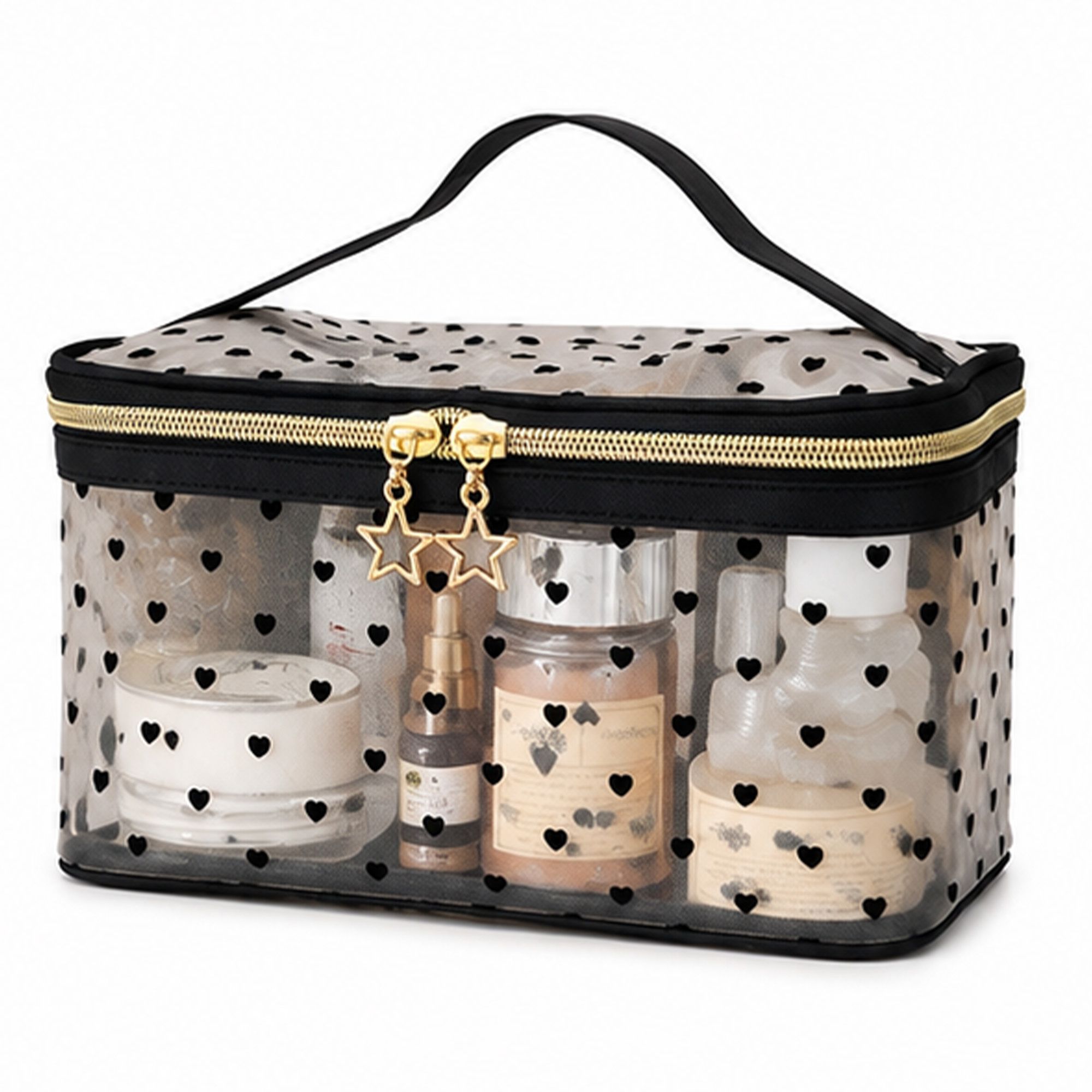 Heart Print Mesh Makeup Bag Large Travel Cosmetic Toiletry Organizer with Handle