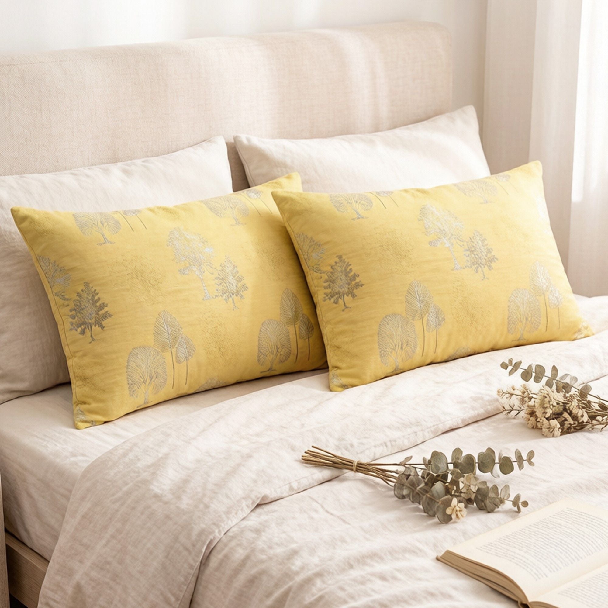 2-Piece Cotton Pillowcases with Elegant Tree Print Design for Bedroom, Soft and Comfortable Bedding Set 20x26in