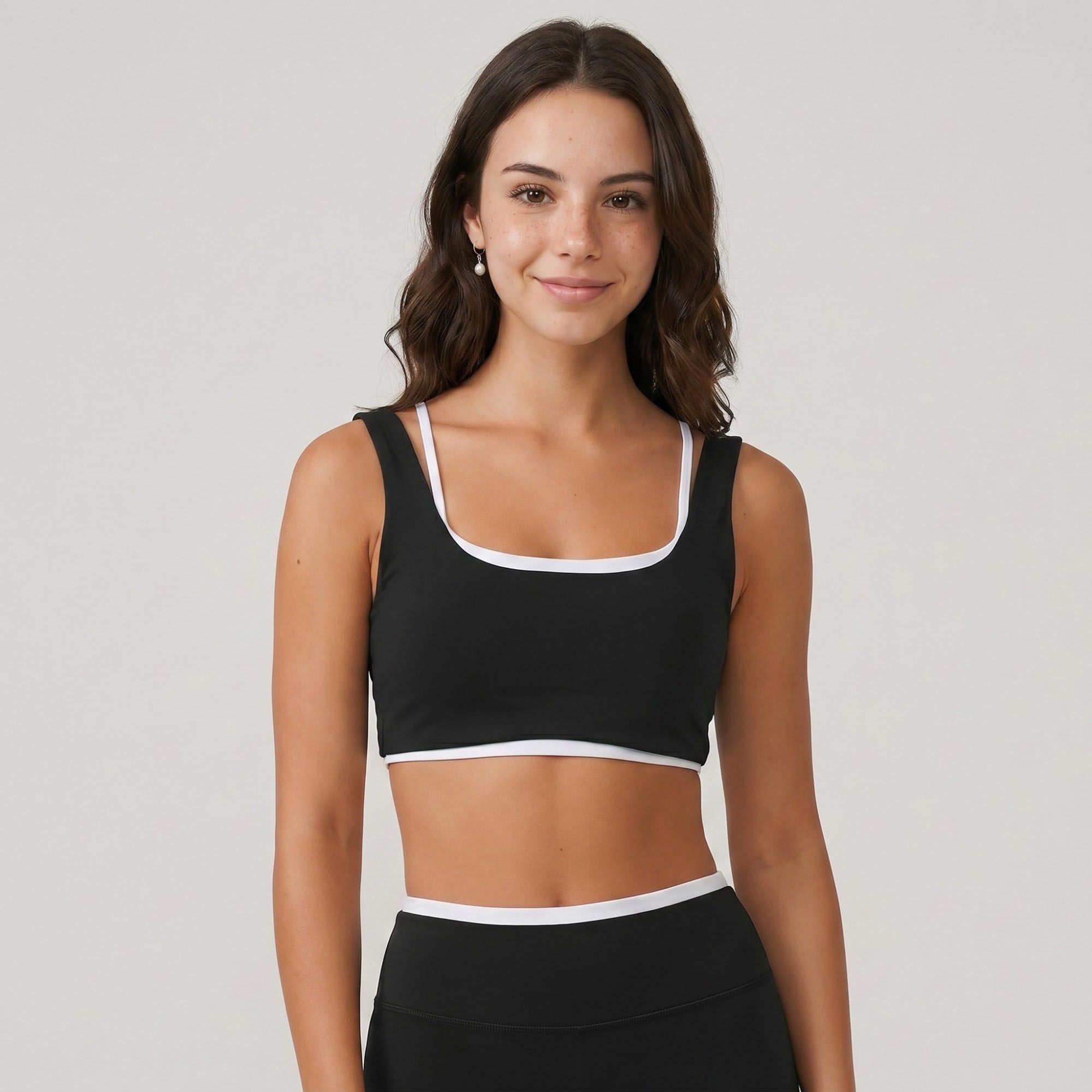 Padded Contrast Trim Sports Bra Tank Top Square Neck Workout Yoga Crop Top