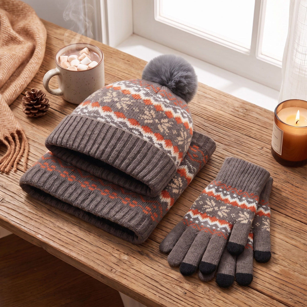 3 Piece Fair Isle Pom Beanie Neck Warmer and Gloves Set