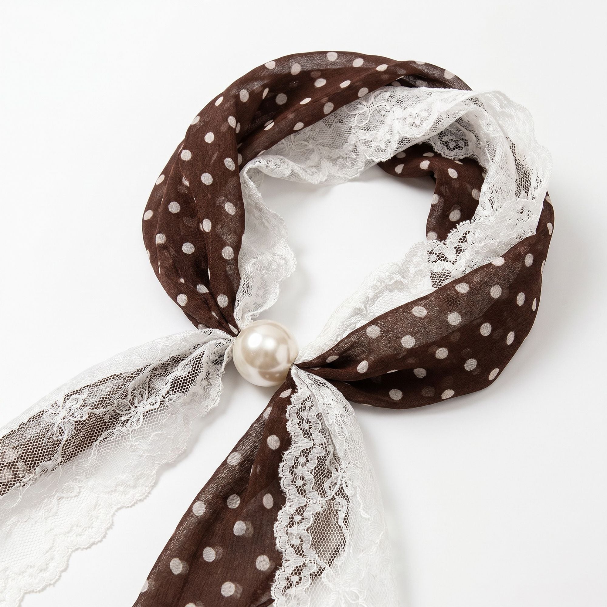 Sheer Skinny Scarf with Lace Trim Faux Pearl Accent and Long Neck Tie Design
