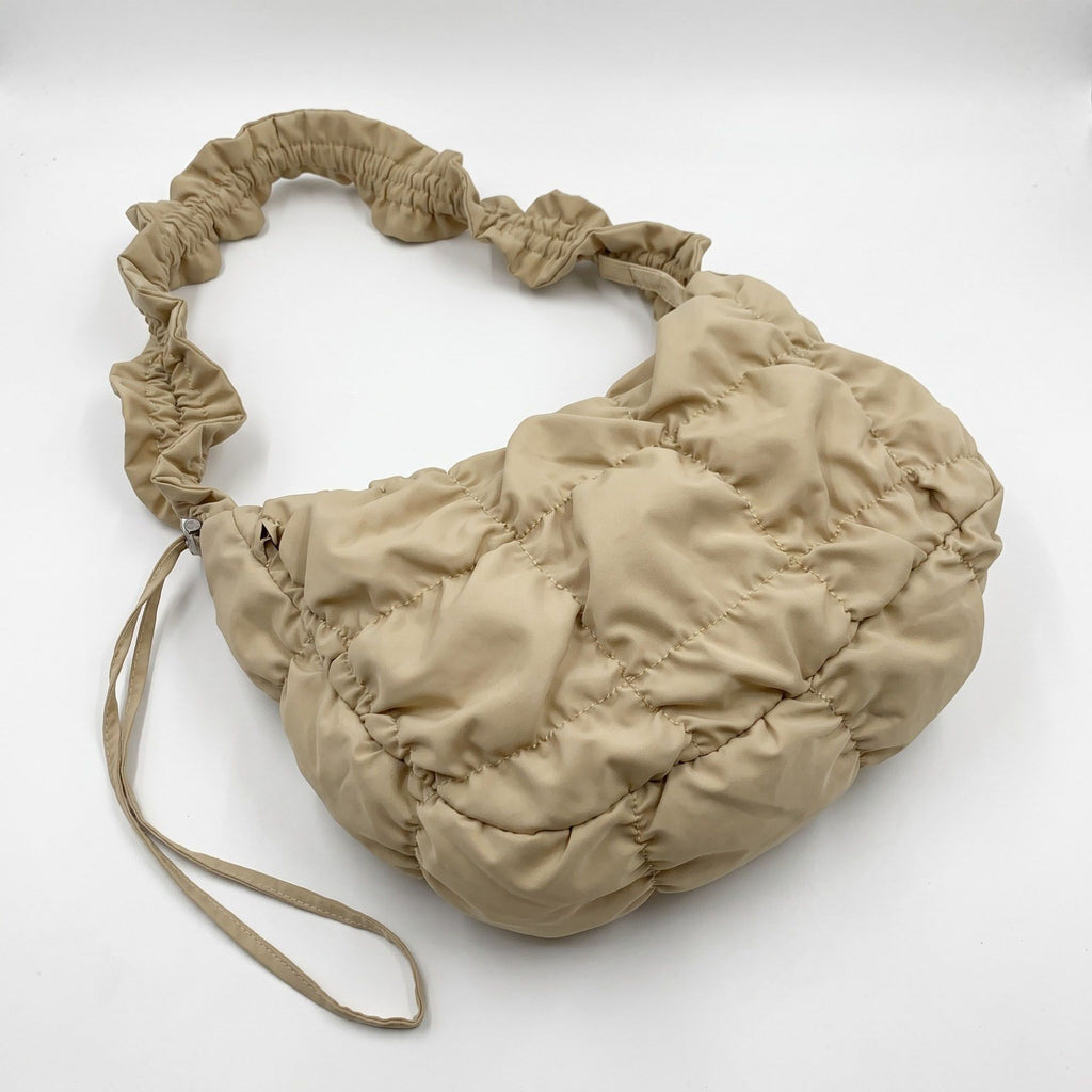 Ruched Puffer Shoulder Bag with Gathered Strap and Top Zipper Closure 10.5x8.5x3in
