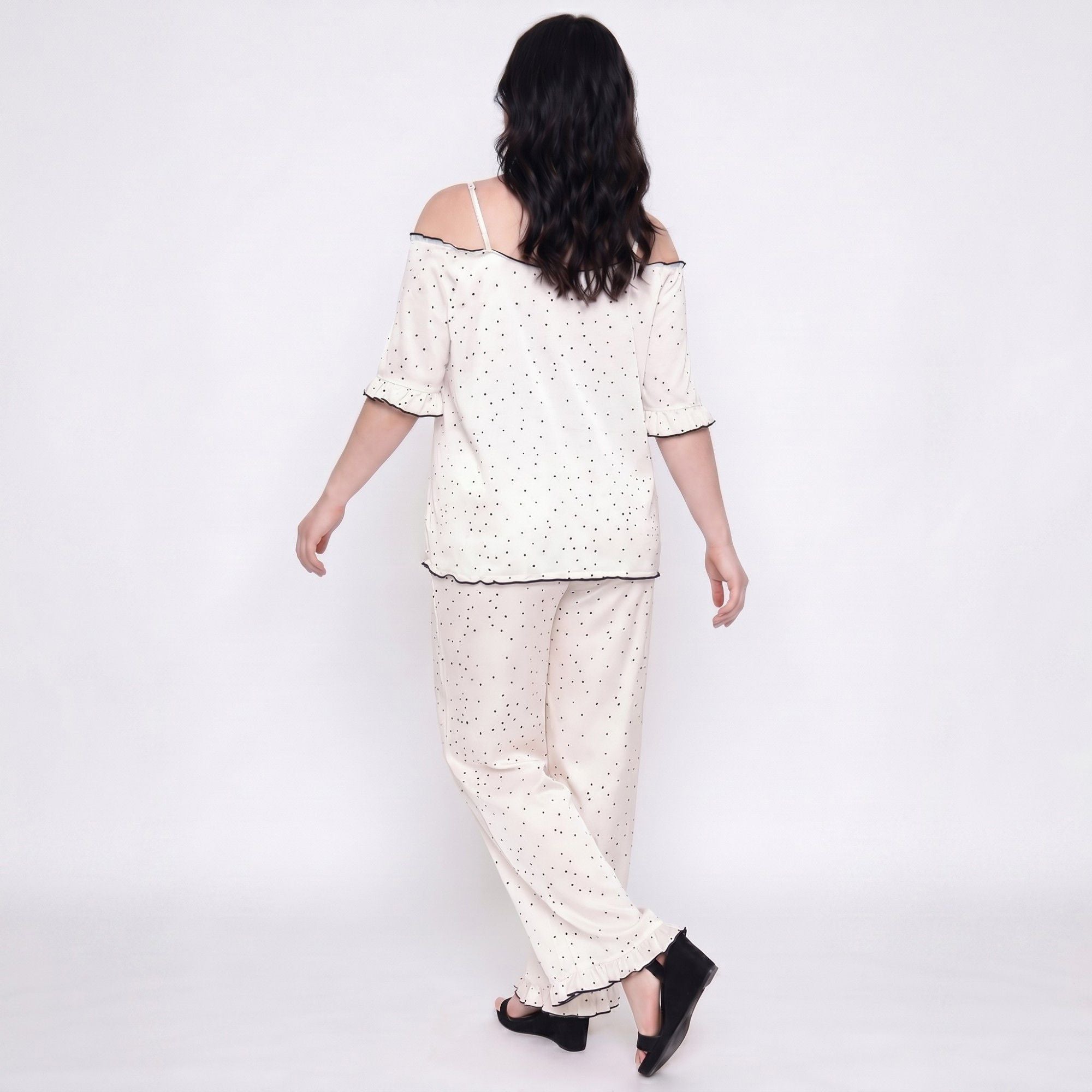 Plus Size 2-Piece Polka Dot Off Shoulder Pajama Top and Wide Leg Pants Sleepwear Lounge Set