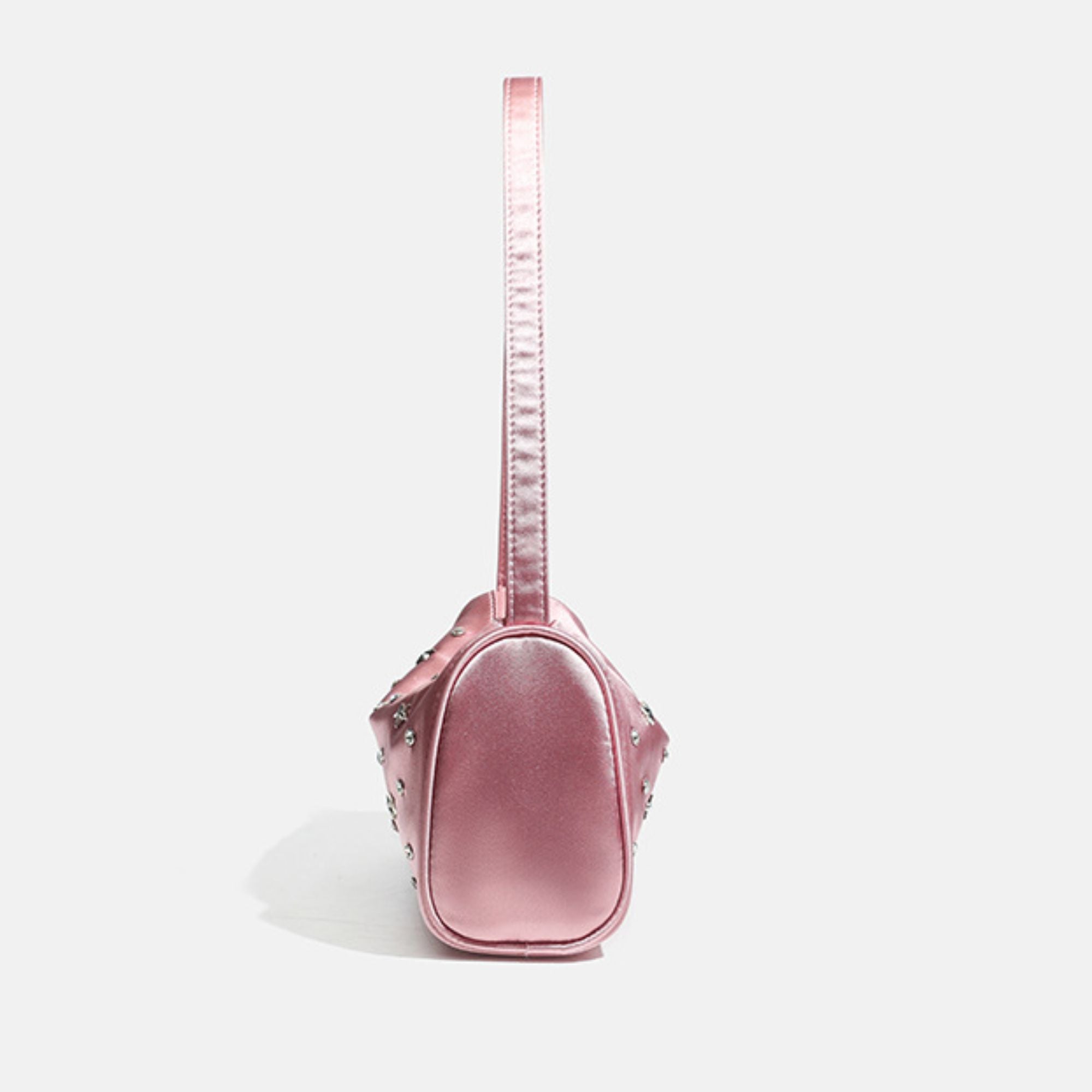 Studded Satin Shoulder Bag with Zip Closure and Interior Pocket