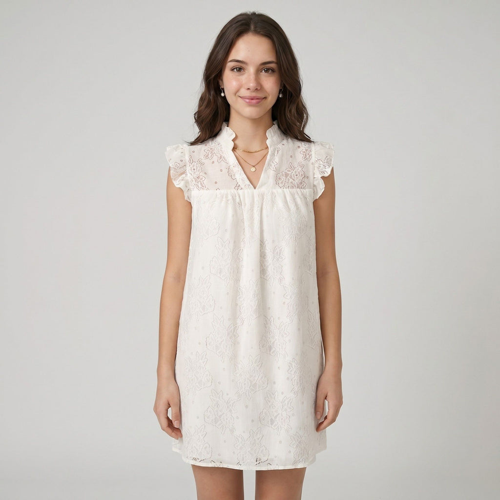 Floral Lace Texture Ruffle Sleeve Mini Dress with Split Neckline Gathered Yoke and Relaxed Shift Silhouette
