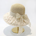 Crochet Sun Hat with Lace Bow Accent and Embroidered Sheer Wide Brim