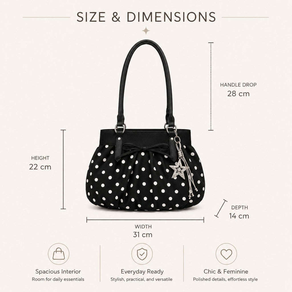 Polka Dot Ruched Shoulder Bag with Bow Detail and Metal Charm