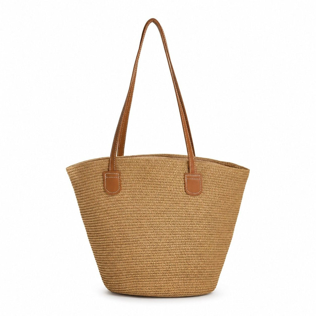 Woven Straw Tote Bag Large Capacity Zip Top Shoulder Carryall Handbag