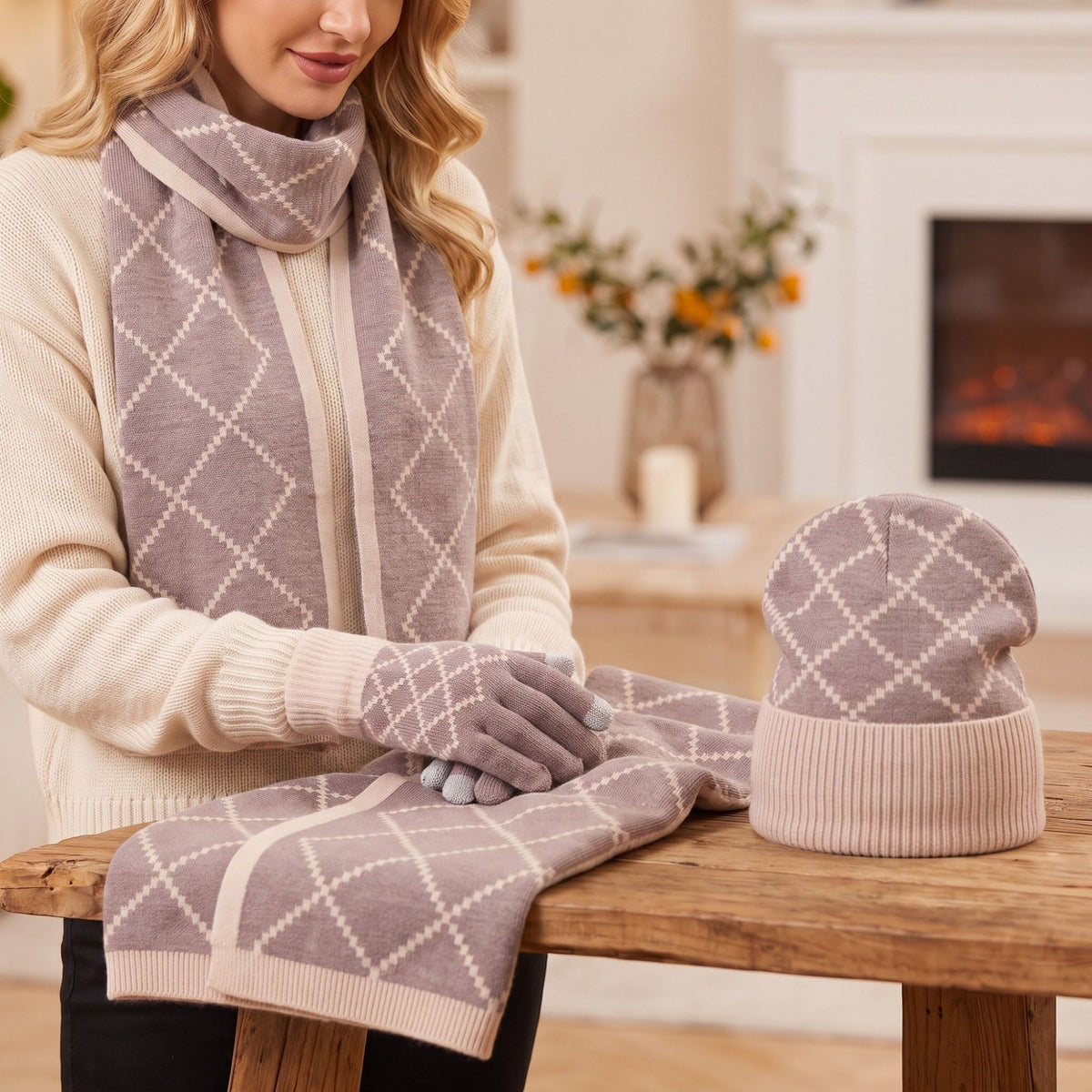 3 Piece Argyle Beanie Scarf and Touchscreen Gloves Winter Set