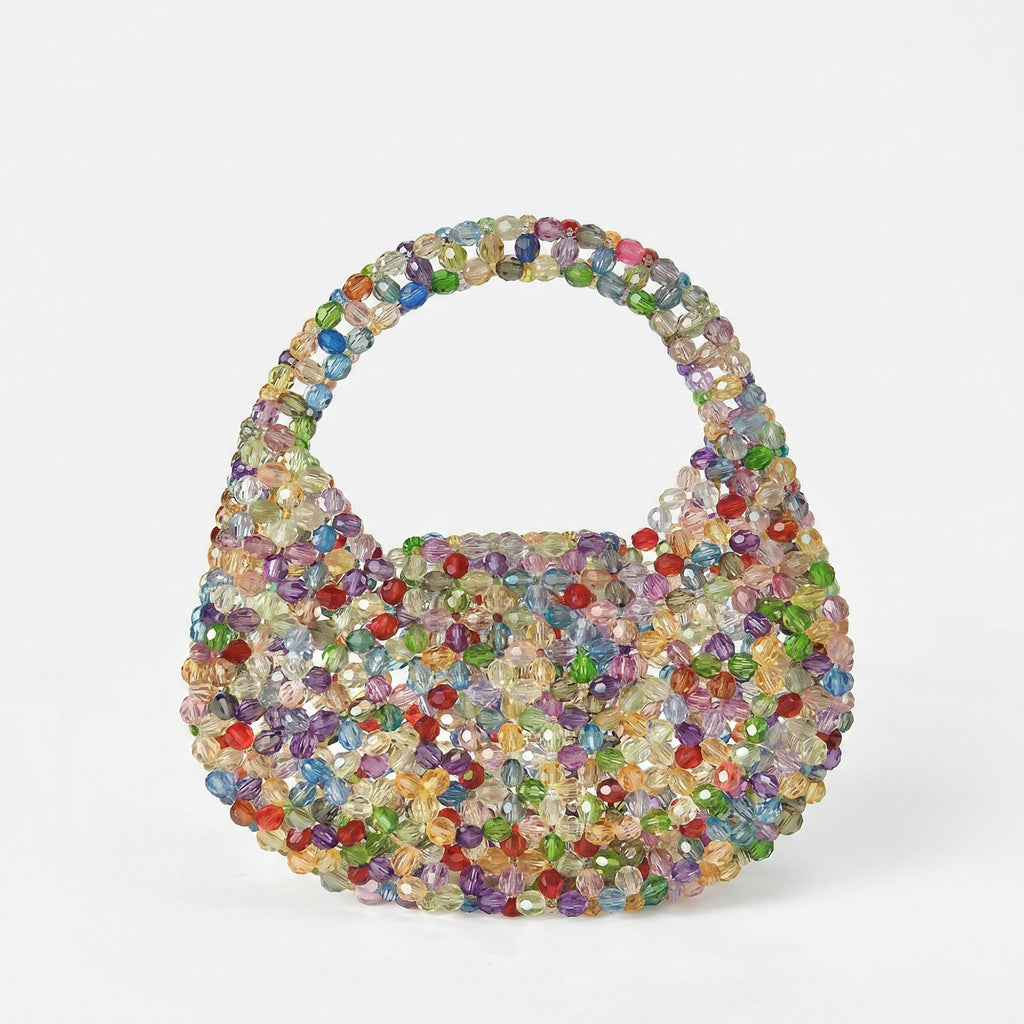 Multicolor Crystal Beaded Handbag with Structured Top Handle Statement Purse 7.5x7.8x1.5 in