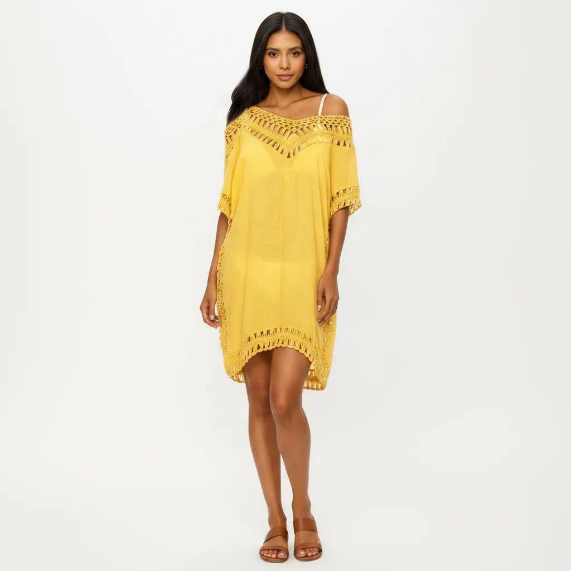 Anna-Kaci Women's Swim Cover Up Dress with Crochet Trim Short Sleeves Relaxed Lightweight Beach Caftan