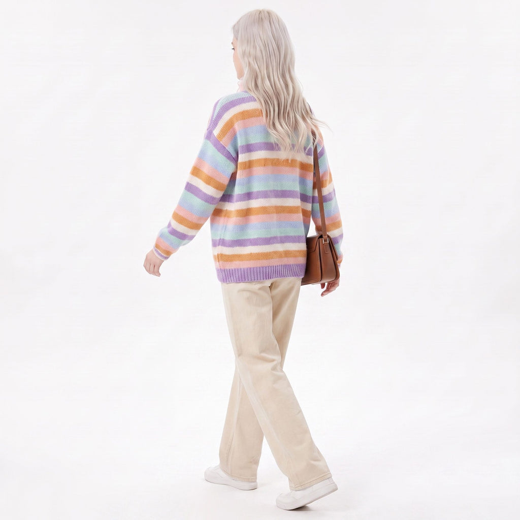 Multicolor Striped Open Front Knit Cardigan Sweater