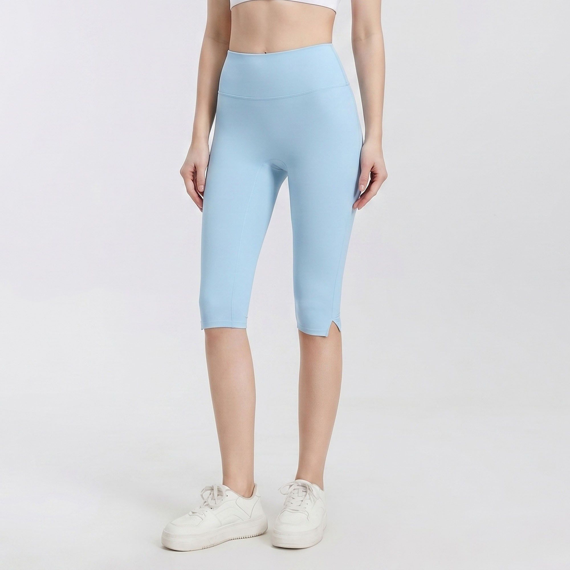 High Waist Capri Leggings with Side Slit Hem Smooth Stretch Pull On Workout Yoga Pants
