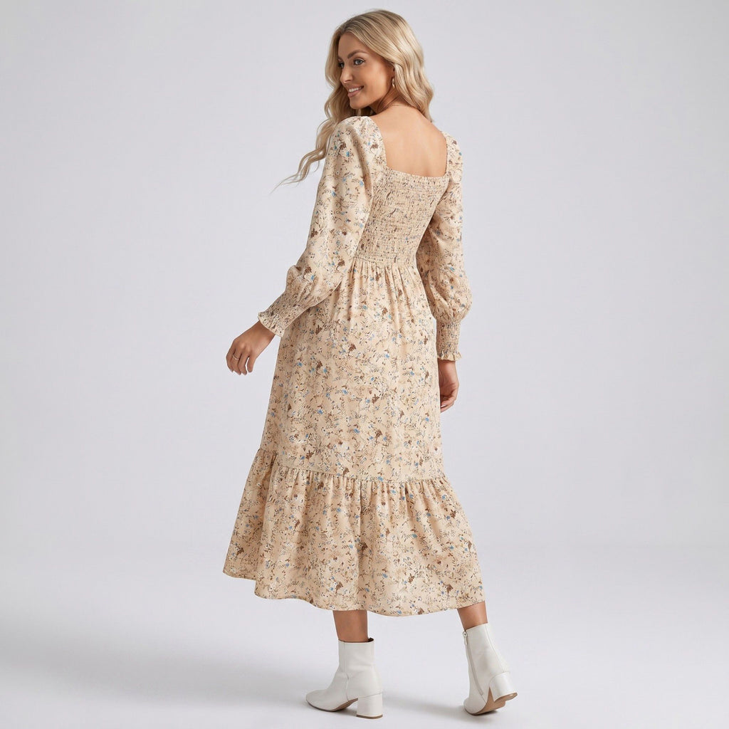 Anna-Kaci Women's Maternity Floral Square Neck Midi Dress with Long Sleeves and Smocked Bodice