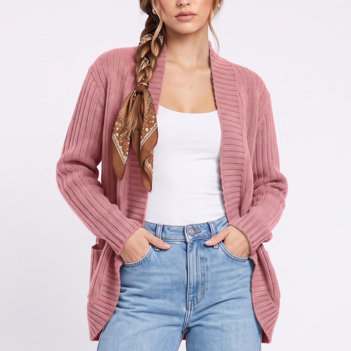 Open Front Ribbed Knit Cardigan with Pockets