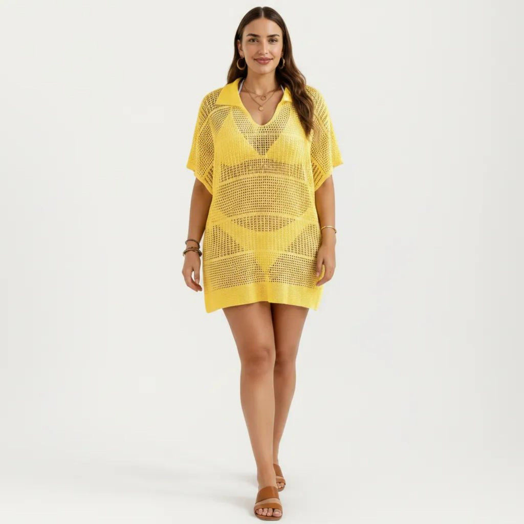 Anna-Kaci Women's Mesh Swim Cover Up Dress with Open Knit Design Collared Neckline Short Sleeves Relaxed Fit