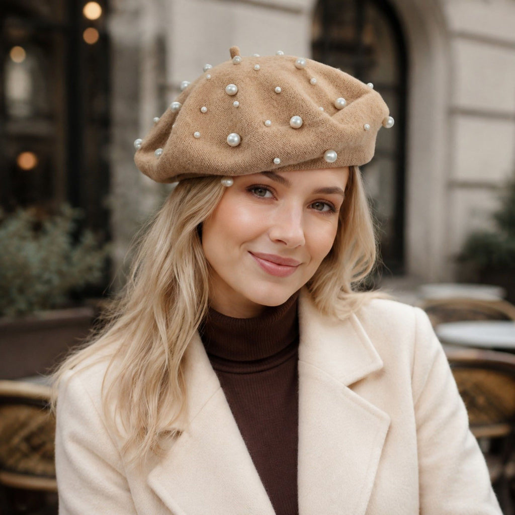 Pearl-Embellished Wool Knit Beret