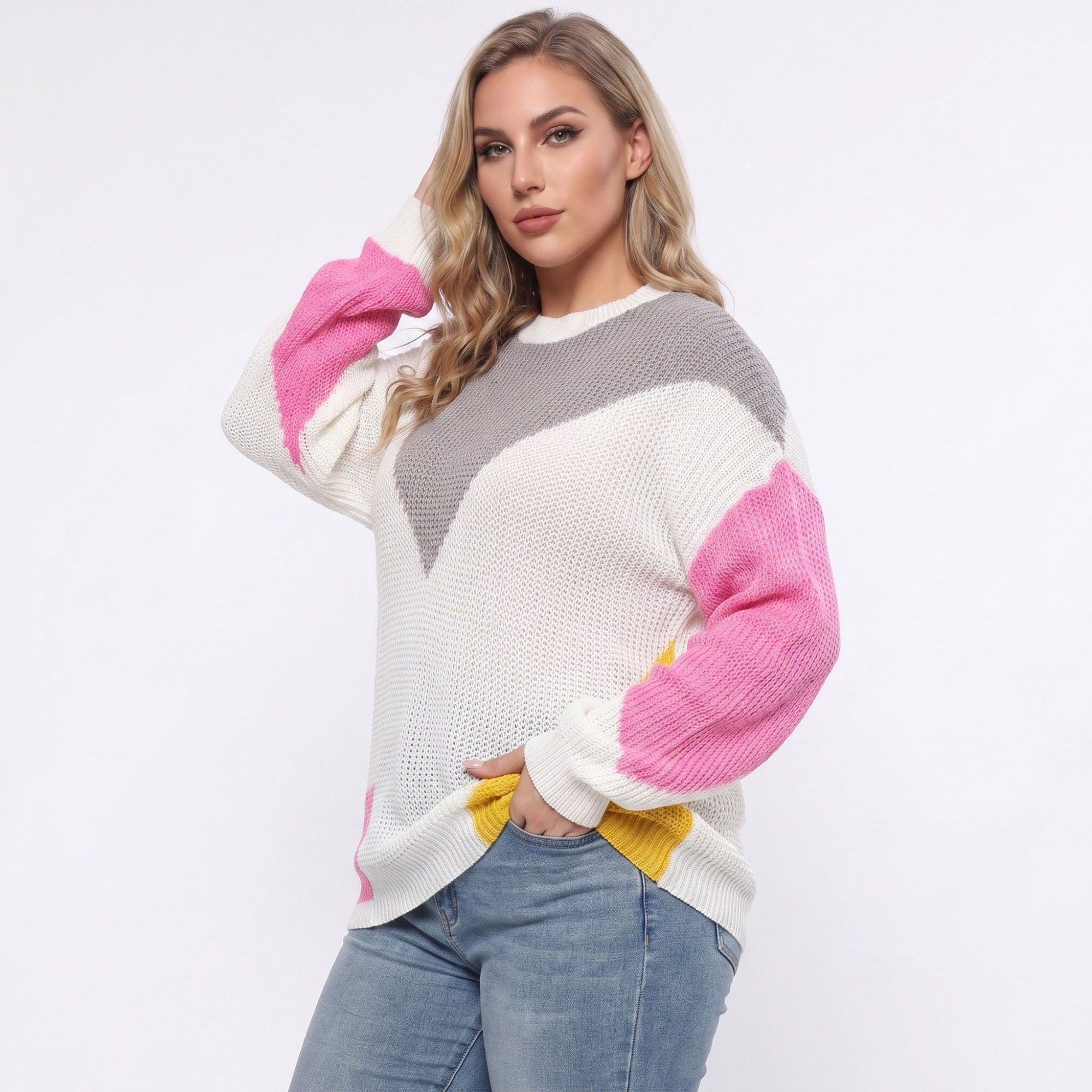 Plus Size White Multicolor Geometric Colorblock Sweater