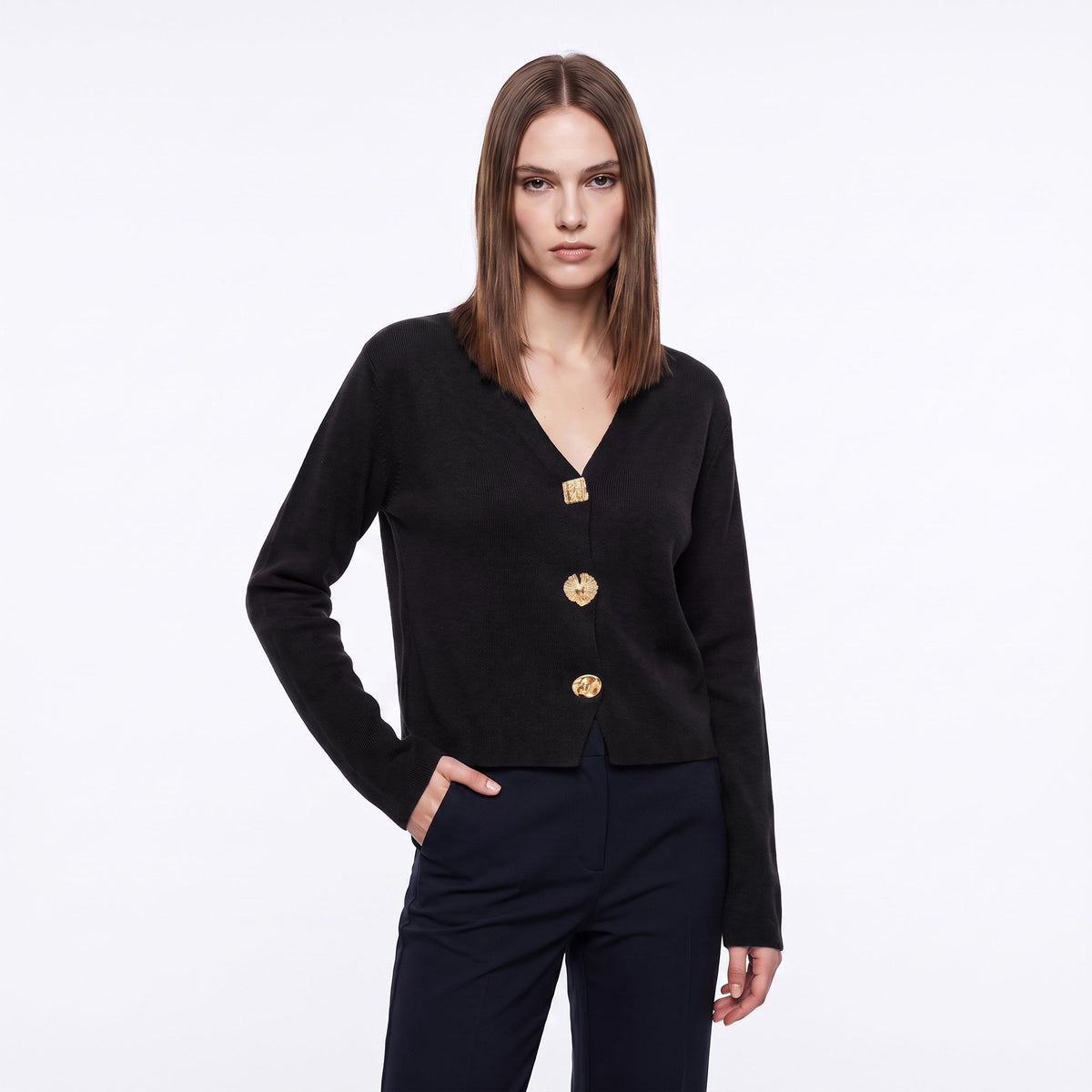 V Neck Decorative Gold Button Knit Cardigan Sweater