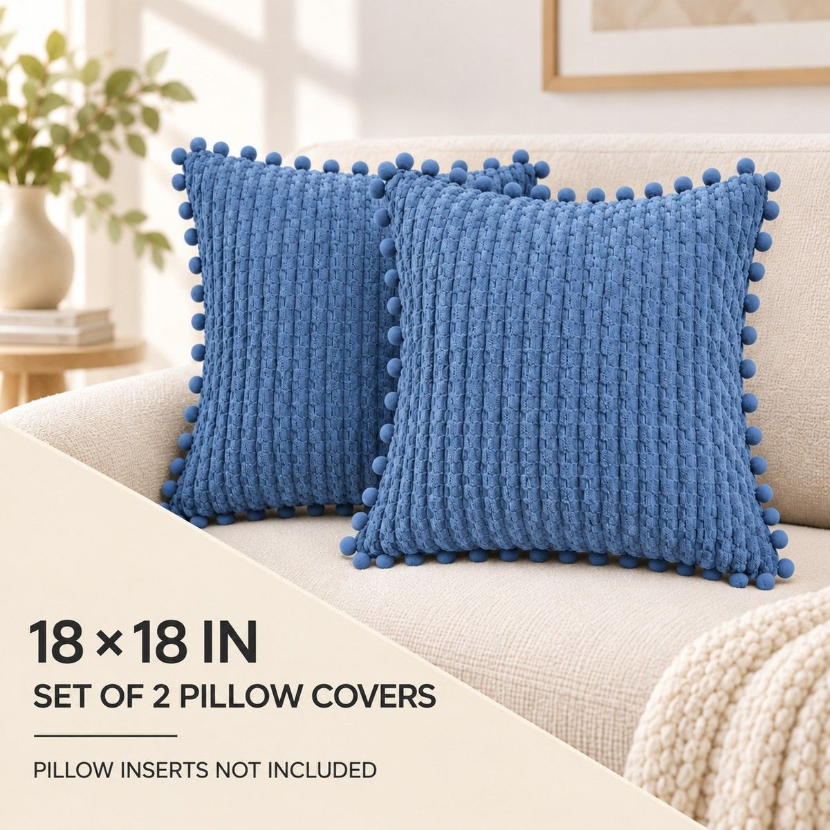 2 Pack Double Sided Corduroy Throw Pillow Covers 18 x 18 Inch with Pom Pom Trim