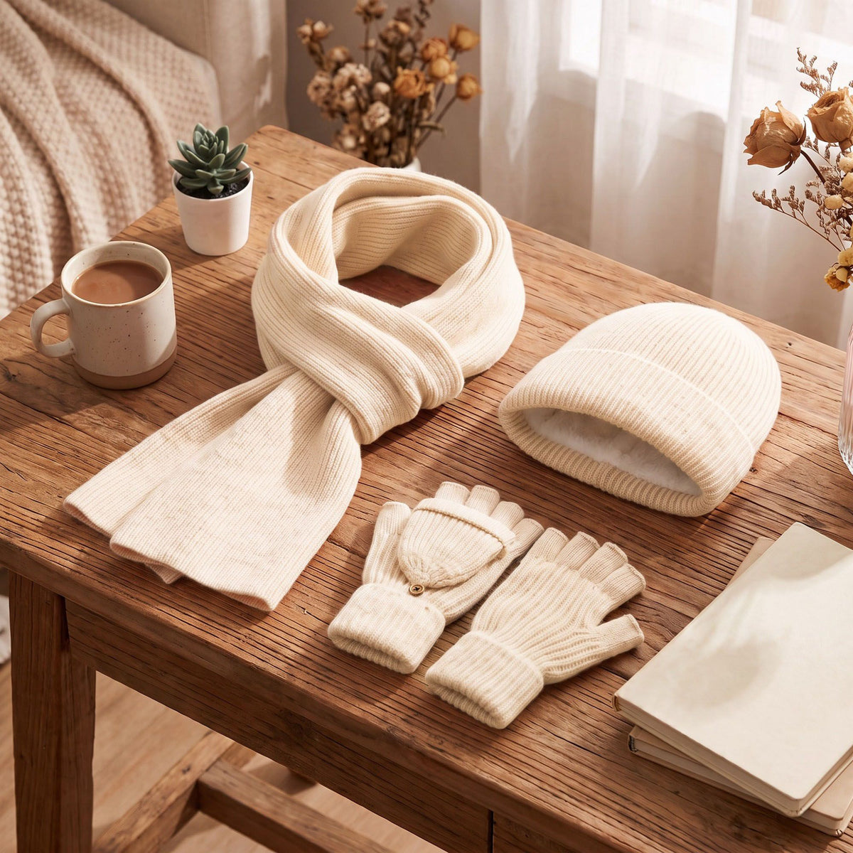3 Piece Beanie Scarf and Convertible Fingerless Gloves Winter Set