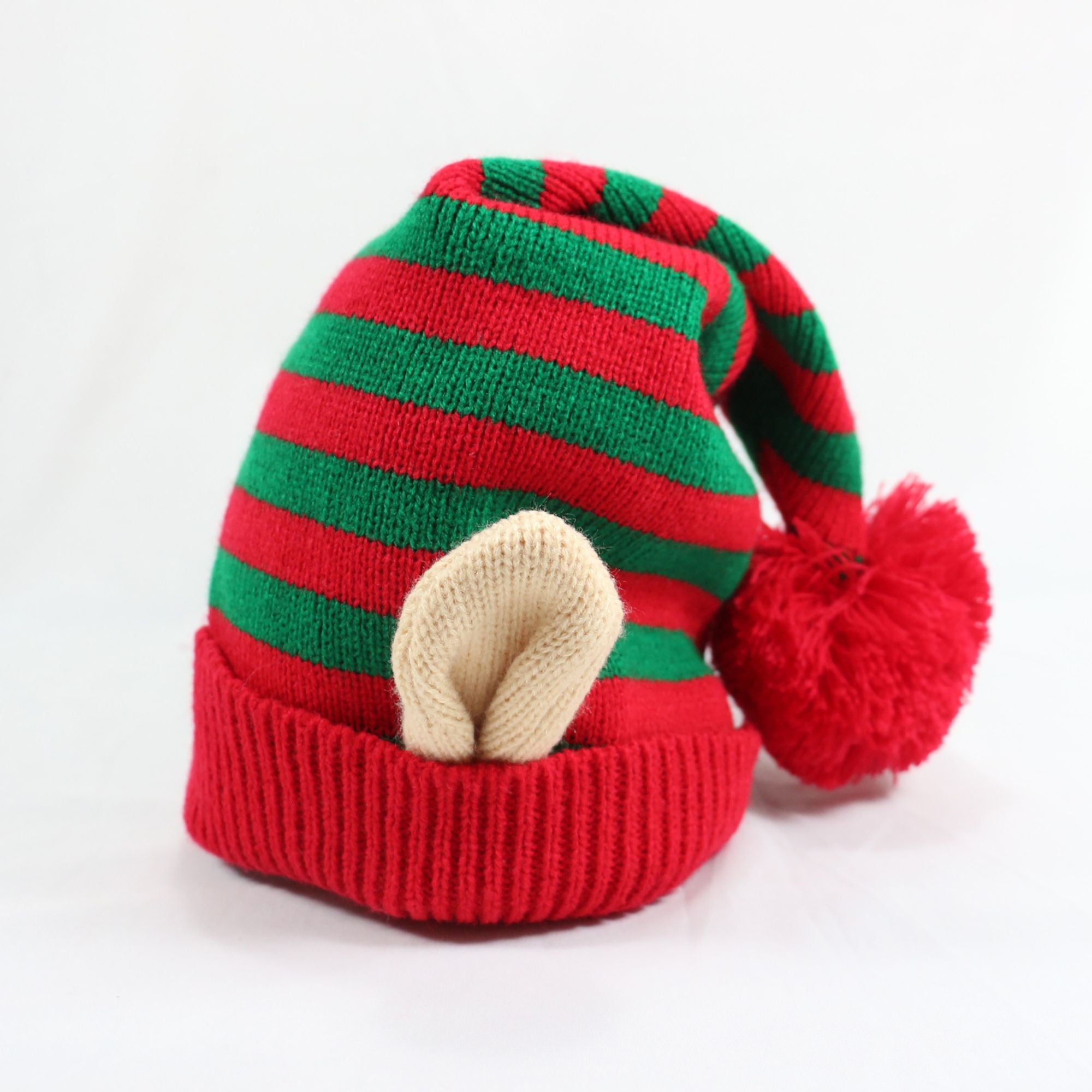 Anna-Kaci Women's Christmas Elf Striped Knit Hat Striped Beanie with Pom-Pom & Elf Ears for Holiday Parties & Festive Decor