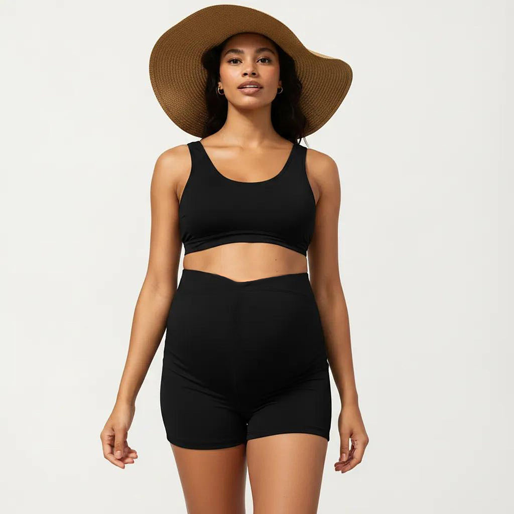 Anna-Kaci Swim Women's Two-Piece Maternity Swimwear Set with Cropped Tank Top and High-Waisted Shorts