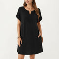 Anna-Kaci Women's Short Sleeve Shift Dress with Split V Neck Embroidered Detail Relaxed Fit Casual Tunic Dress