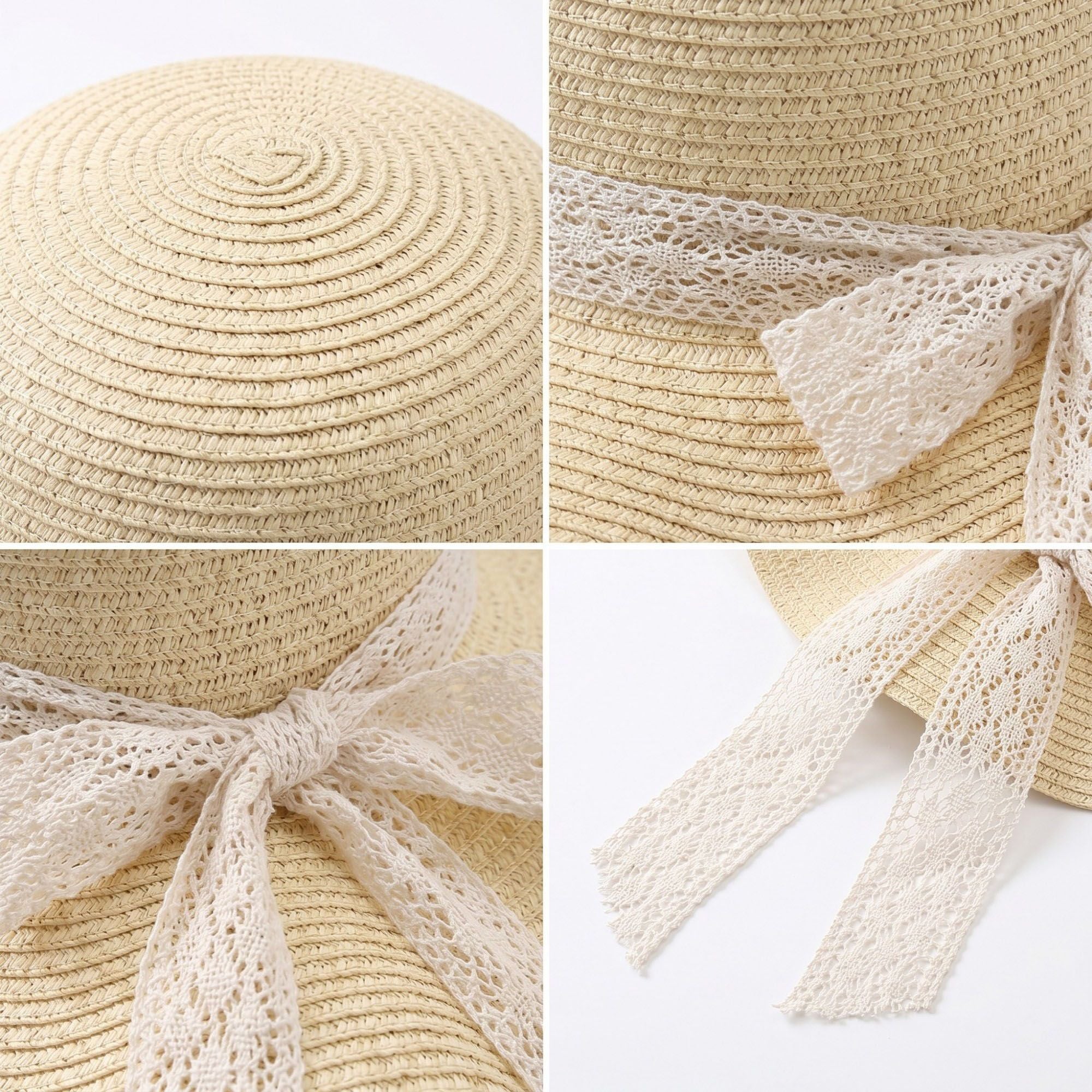 Women's Wide Brim Straw Sun Hat Lace Ribbon Tie Lightweight Summer Beach Hat