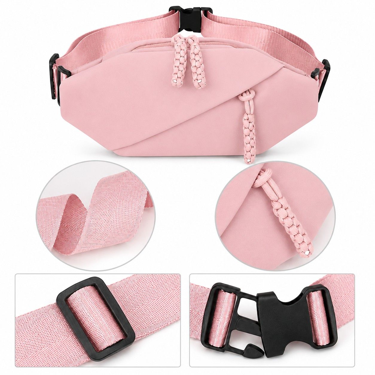 Crossbody Sling Waist Bag with Adjustable Strap Zip Closure and Braided Pulls