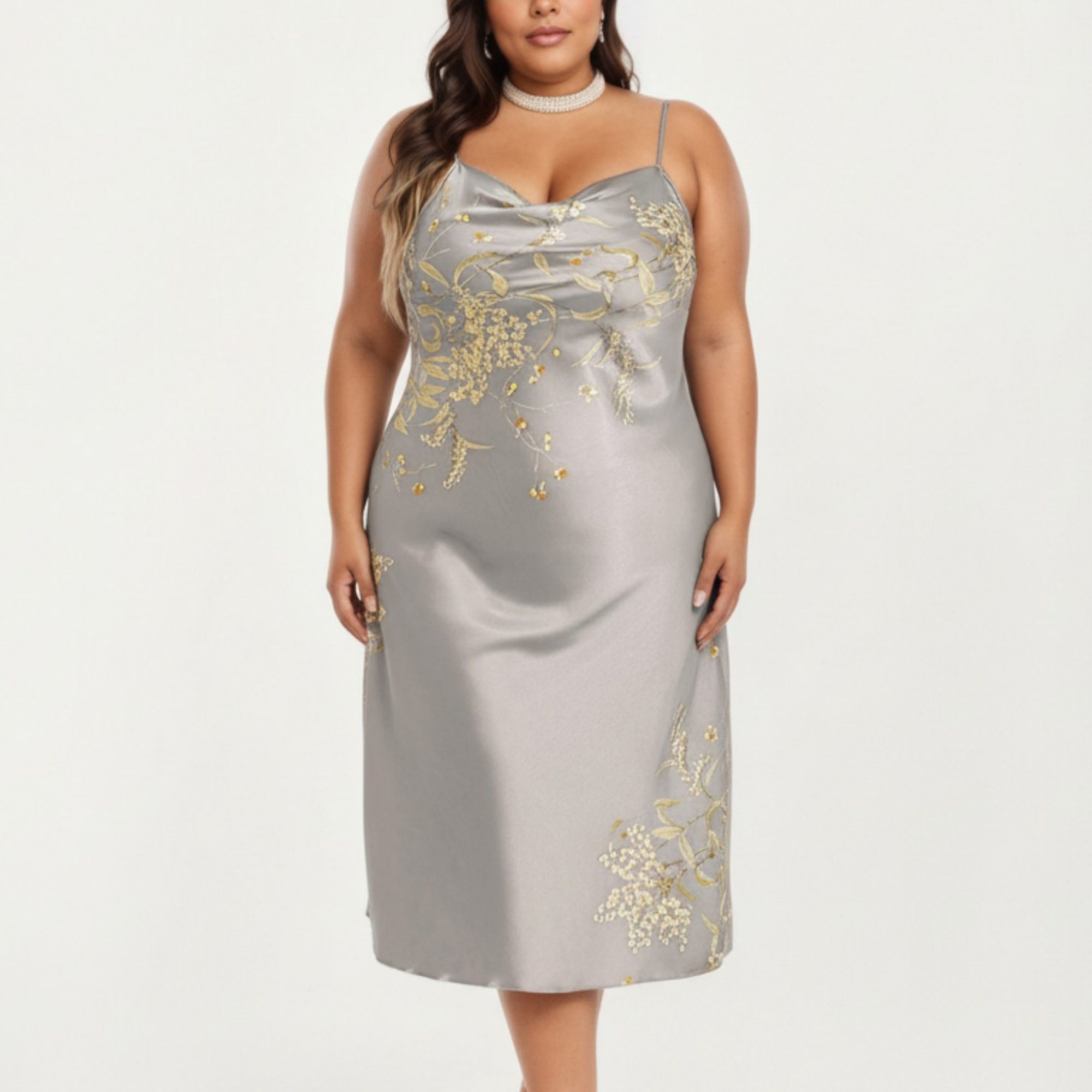Anna-Kaci Lounge Women's Plus Size Satin Floral Slip Nightgown with Adjustable Spaghetti Straps Cowl Neck Midi Length Sleepwear Dress