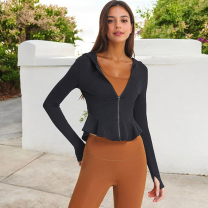 Peplum Hem Active Zip-Up Jacket with Hood and Thumb Holes