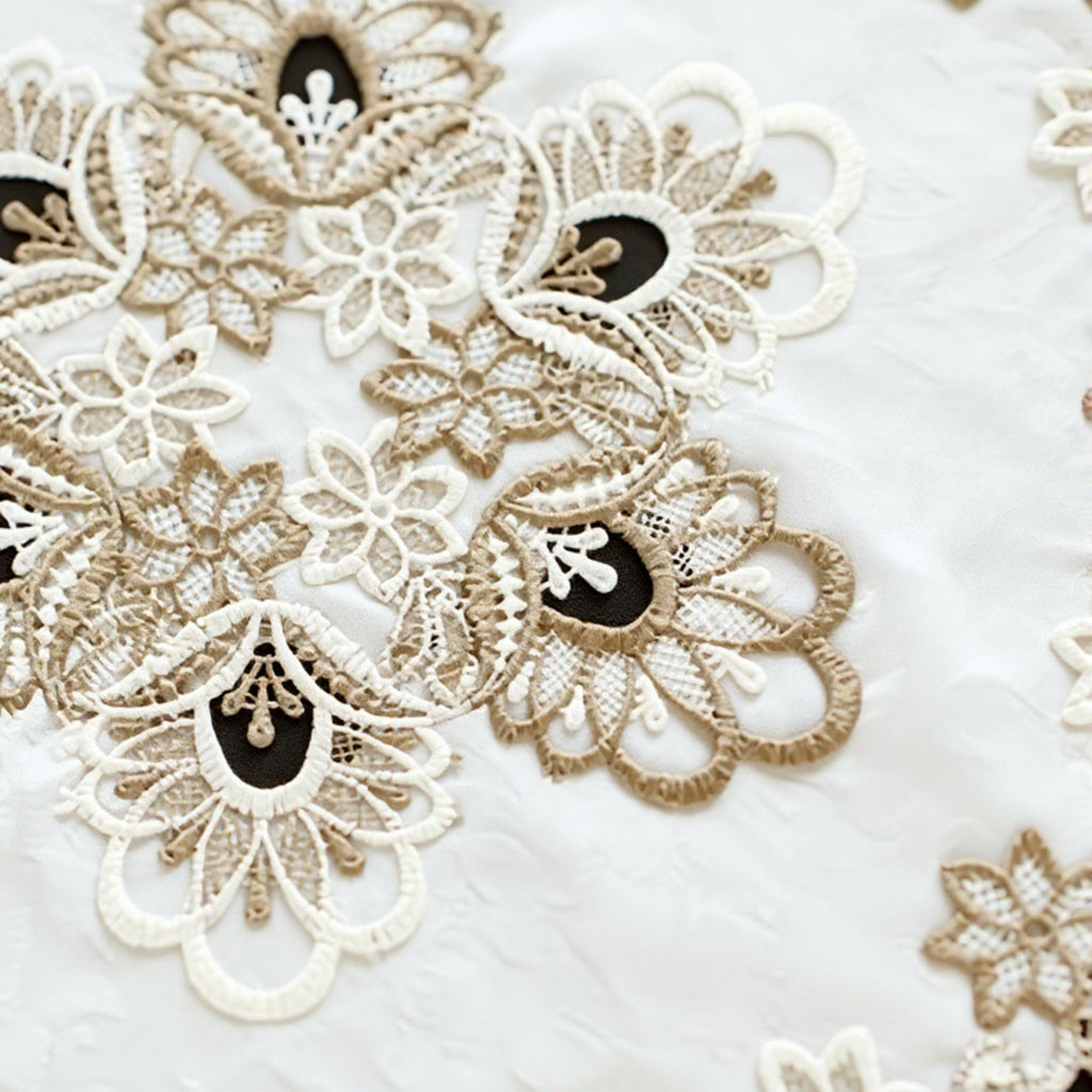 Round Embroidered Lace Doily with Floral Cutwork and Scalloped Edges 23.5in
