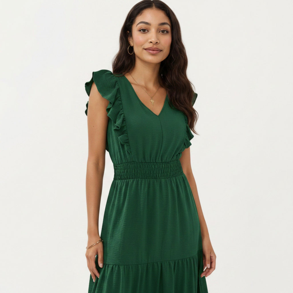 Anna-Kaci Women's Tiered Midi Dress with Ruffle Sleeves and Smocked Waist