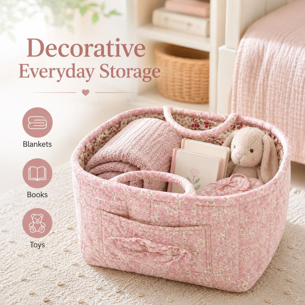 Quilted Floral Storage Caddy with Handles for Dorm Bathroom Vanity and Laundry Room