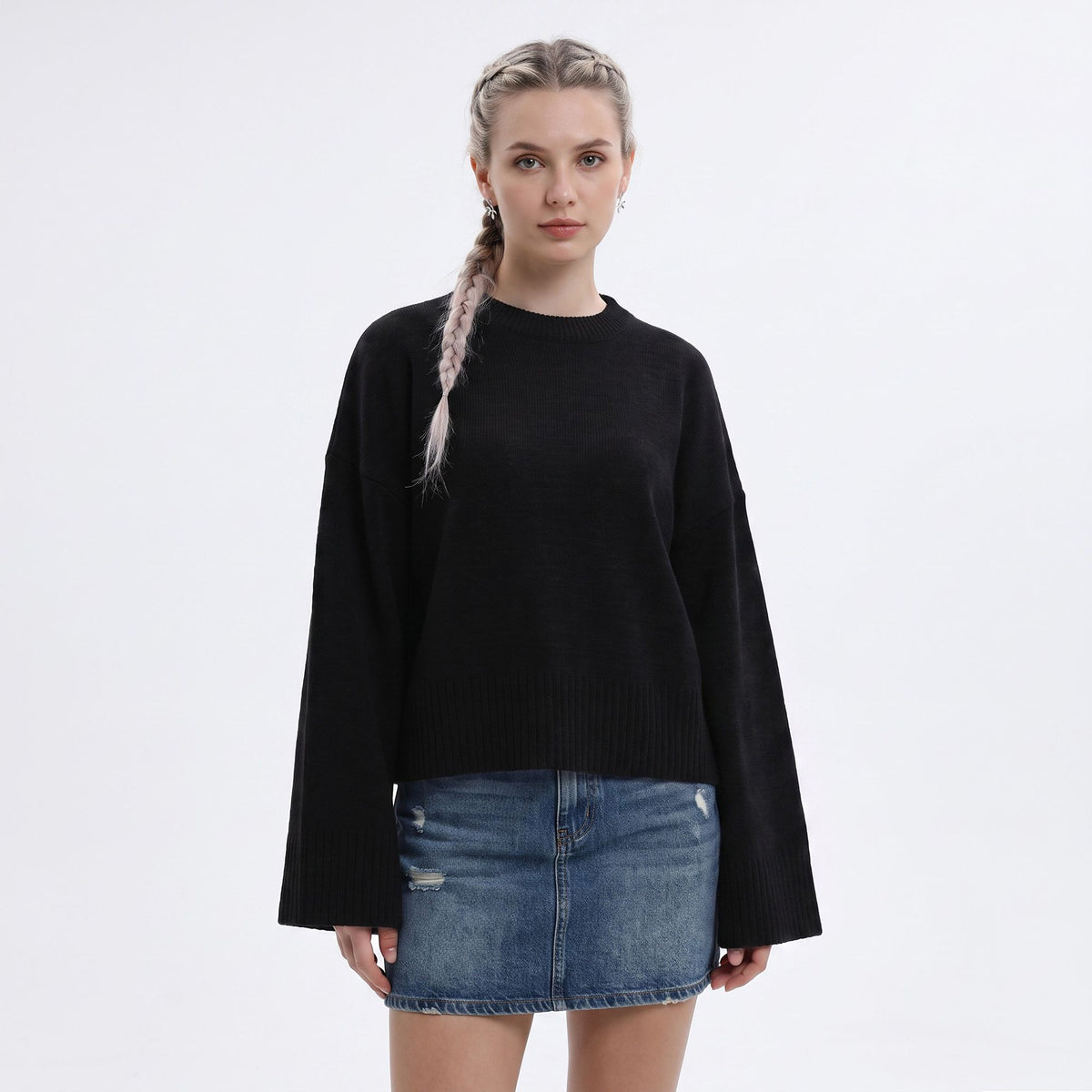 Oversized Crewneck Knit Sweater with Flared Sleeves