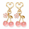 2-Pack Translucent Cherry Bag Charm Keychains with Flower Accents and Gold-Tone Heart Clasps