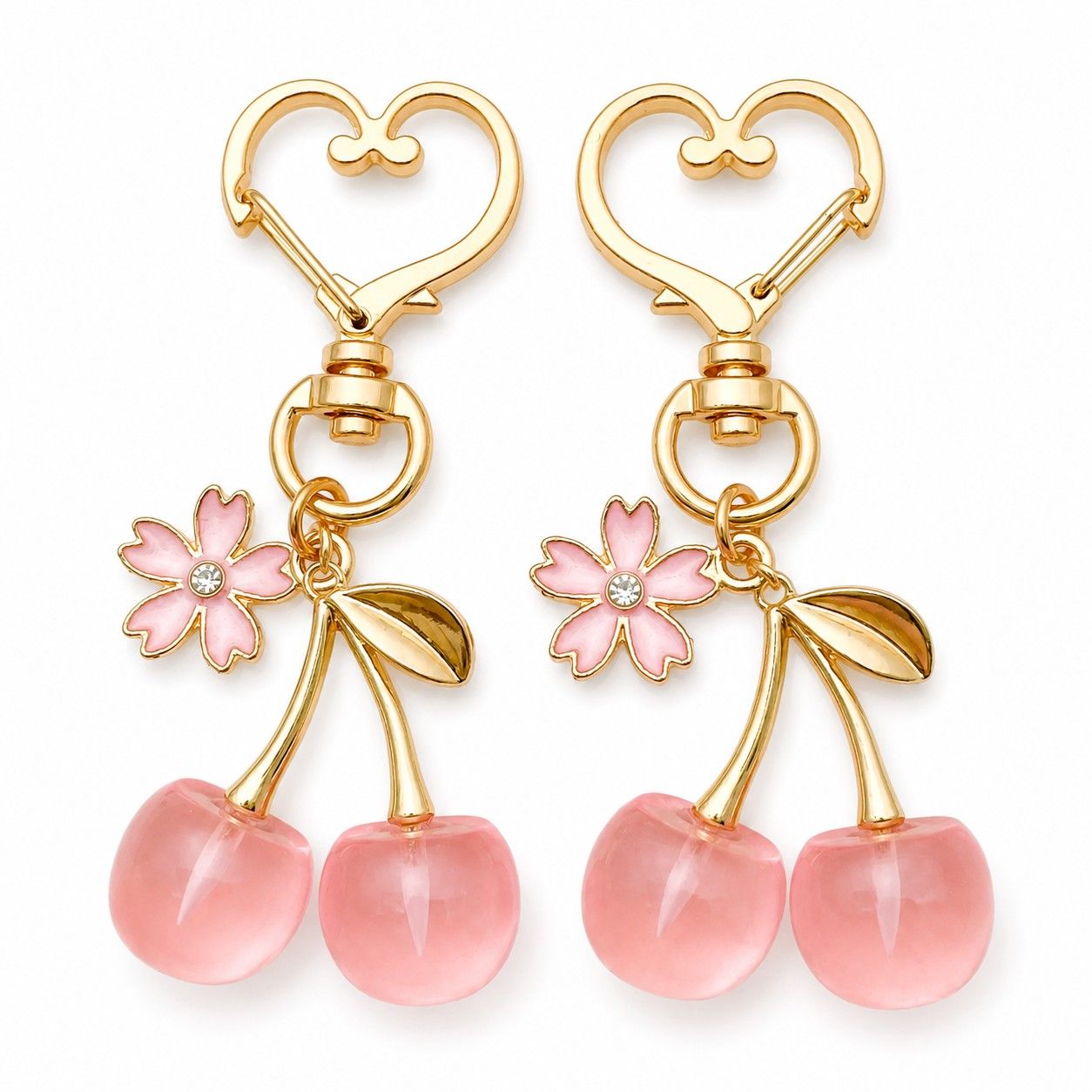 2-Pack Translucent Cherry Bag Charm Keychains with Flower Accents and Gold-Tone Heart Clasps