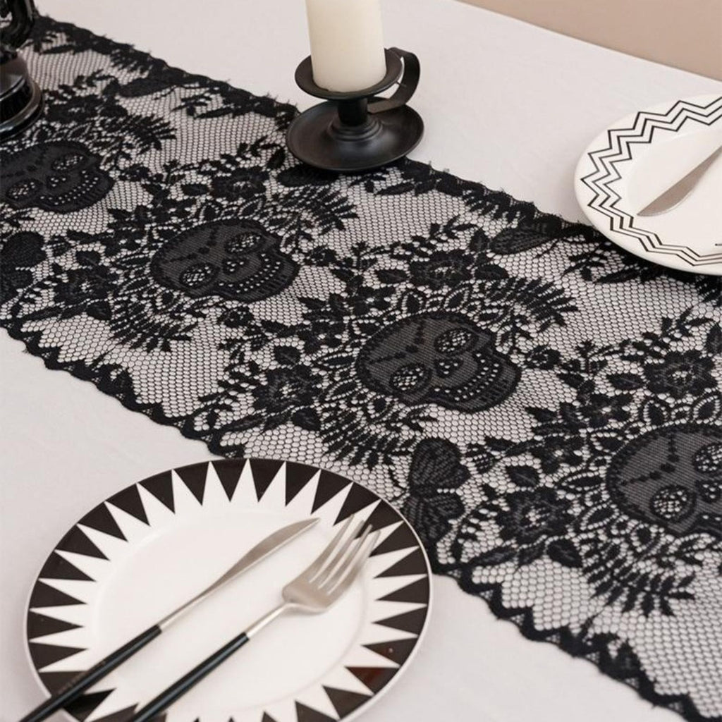 Halloween Black Lace Skull Cutout Table Runner
