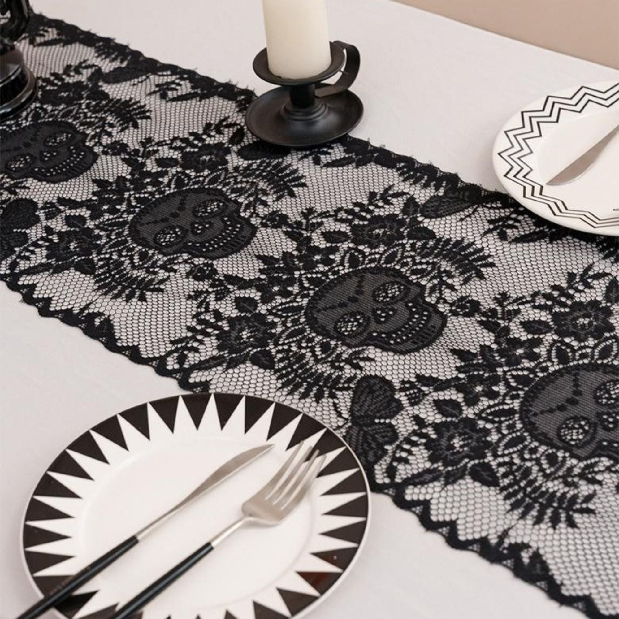 Halloween Black Lace Skull Cutout Table Runner