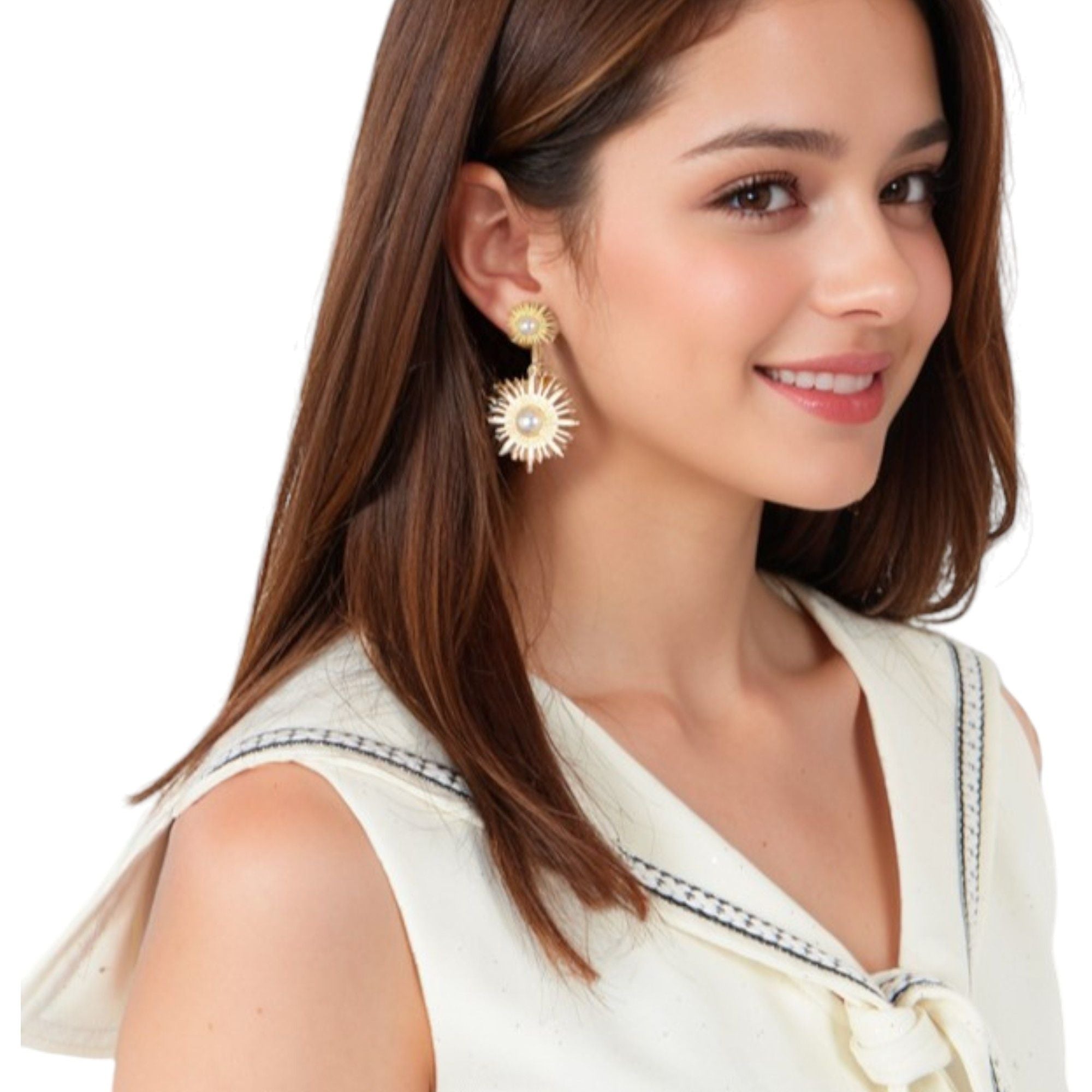Women's Gold Tone Sunburst Dangle Fashion Earrings with Pearl Accents