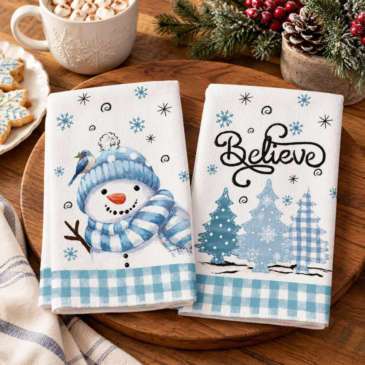 2-Pack Christmas Kitchen Towels 15.7x23.6in, Snowman & Tree Microfiber Holiday Towels