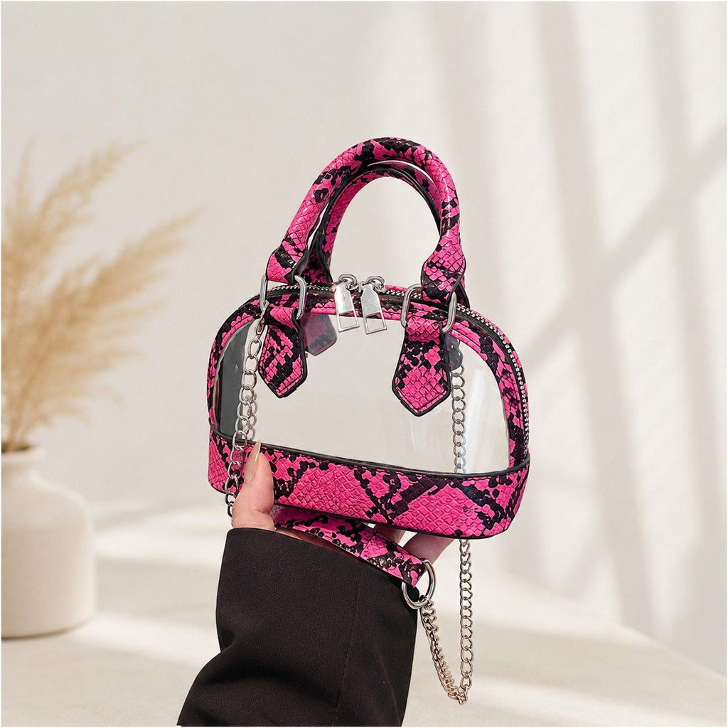Clear PVC Mini Crossbody Satchel Bag with Print Trim and Chain Strap
