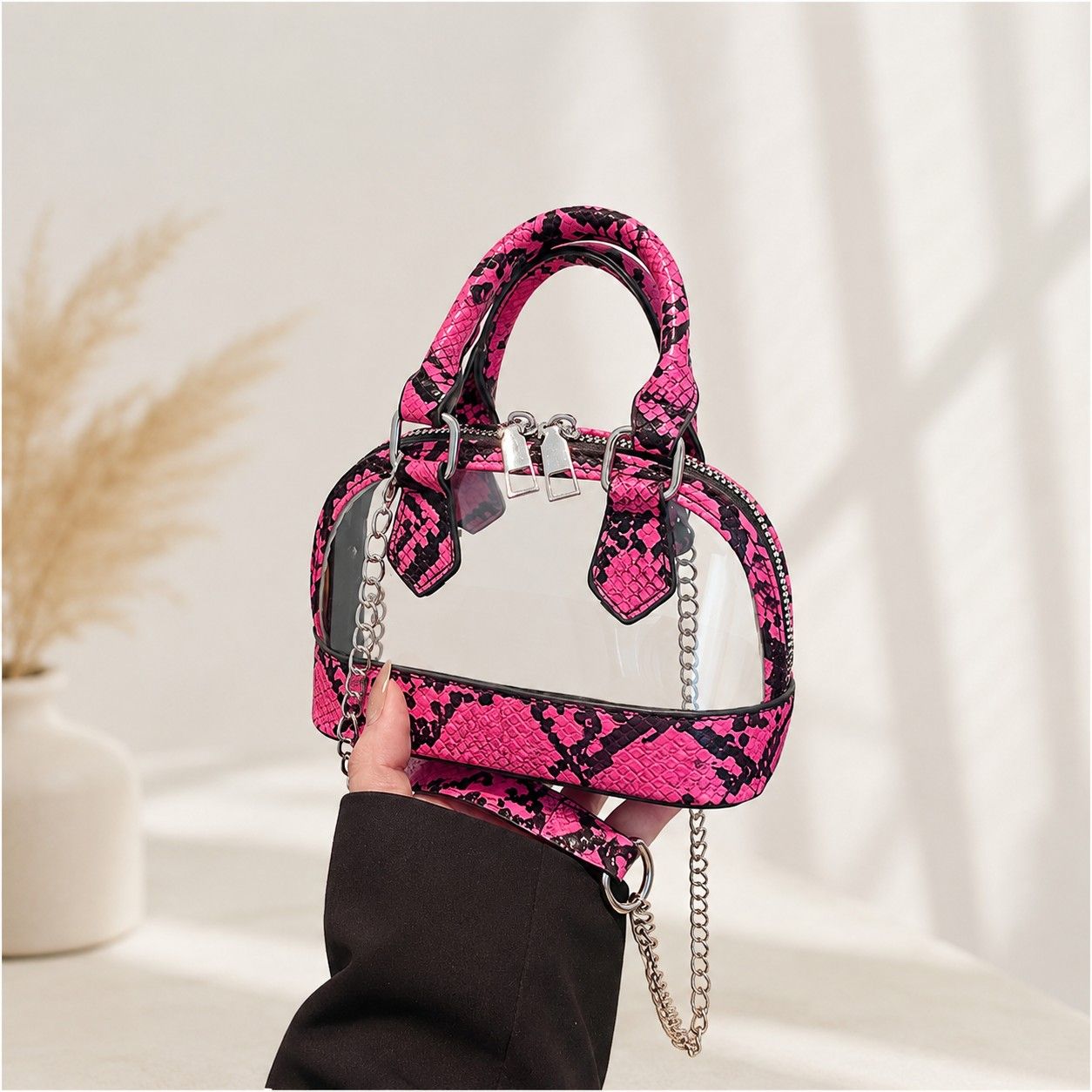 Clear PVC Mini Crossbody Satchel Bag with Print Trim and Chain Strap