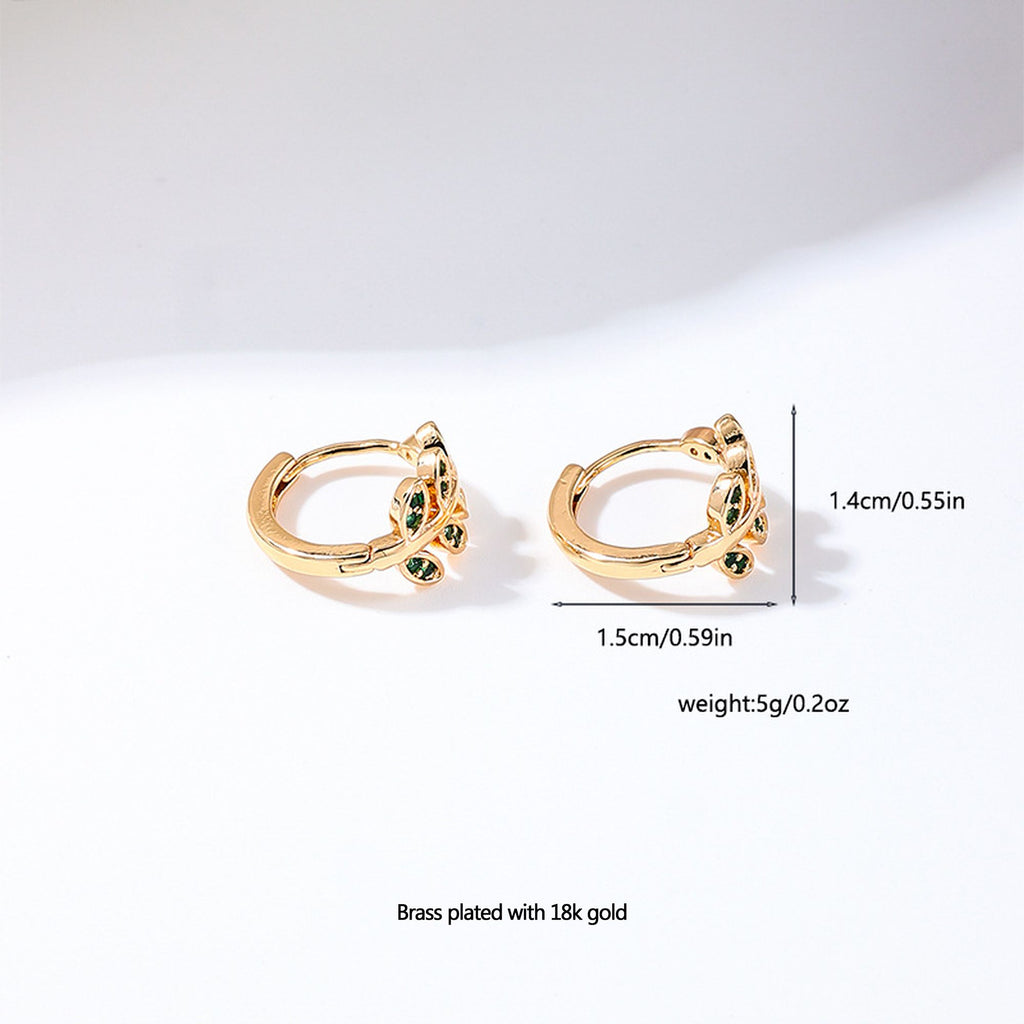 Women's Leaf - Shaped Hoop Earrings with Green Crystals