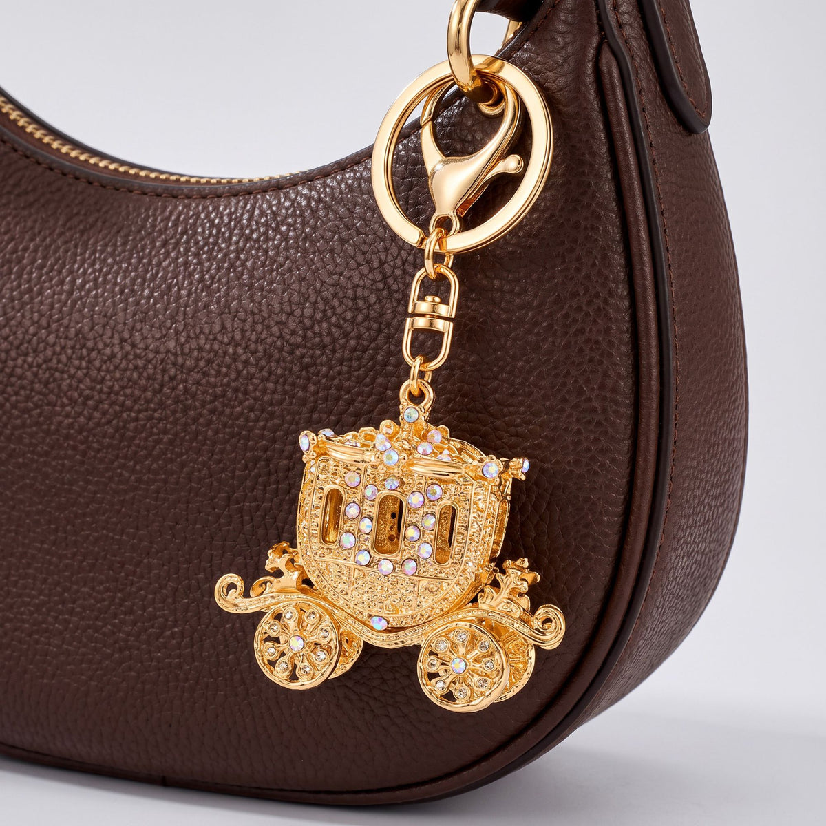 Carriage Rhinestone Keychain Bag Charm with Lobster Clasp and Key Ring