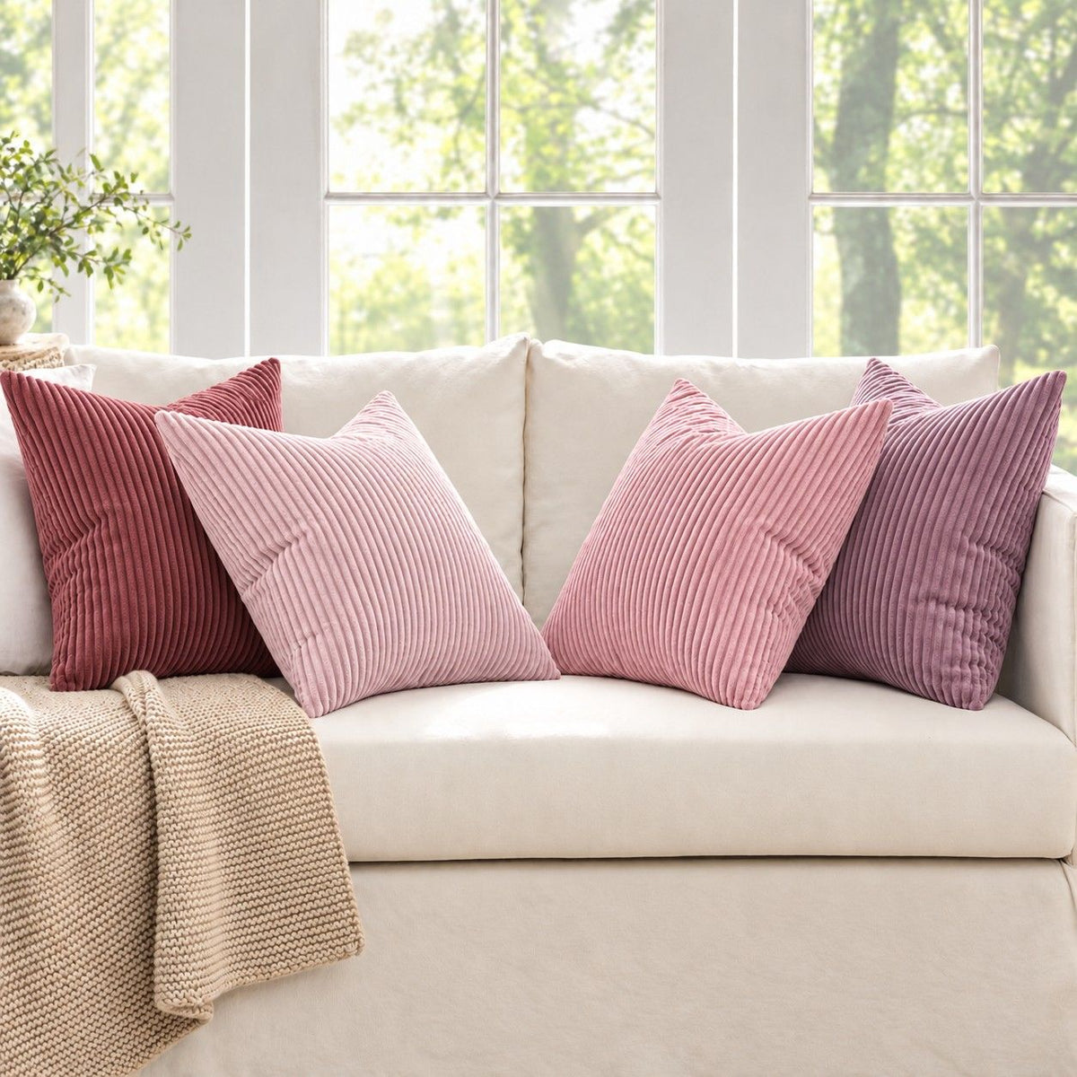 4 Pack Corduroy Throw Pillow Covers 18 x 18 Inch Wide Stripe Texture